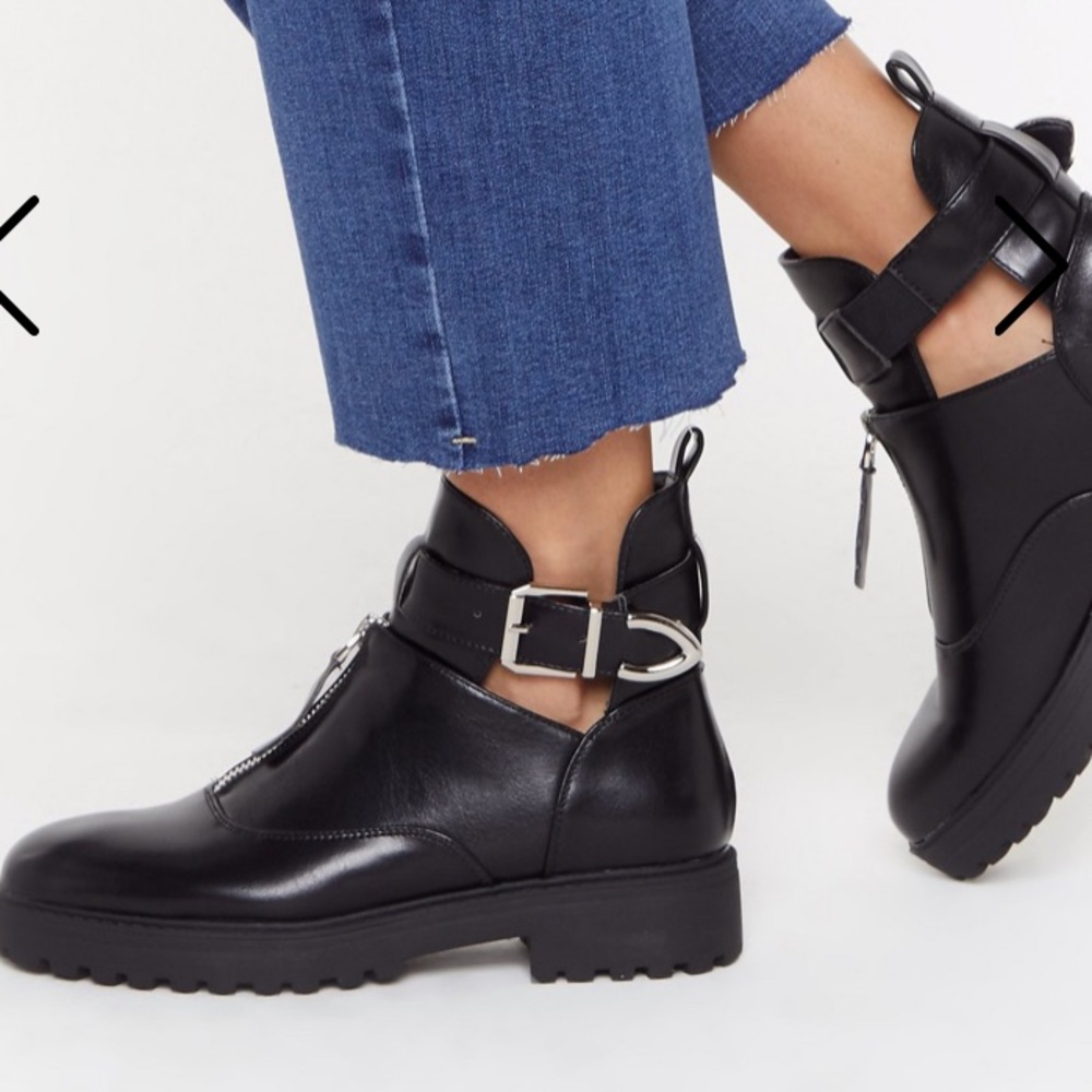 Black leather biker booties with buckle and zipper
